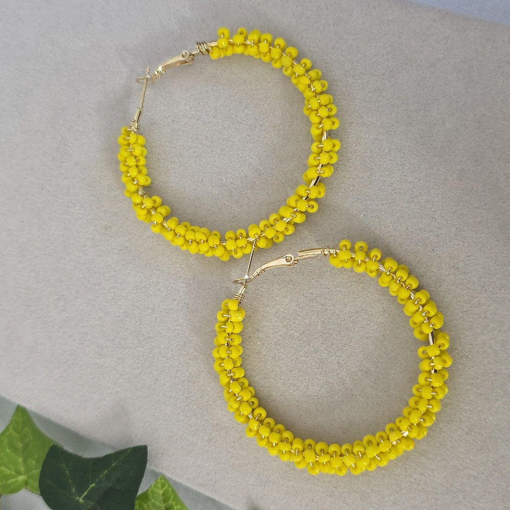 Gold Filled Hoop Earrings Wrapped In Yellow Glass Seed Beads